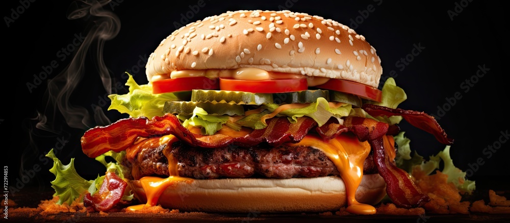 Poster gourmet bacon cheeseburger with lettuce and tomato. creative banner. copyspace image