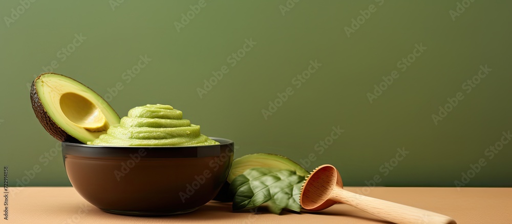 Poster Fresh avocado puree in a small bowl and wooden hairbrush Homemade face or hair mask natural beauty treatment and spa recipe Top view copy space. Creative Banner. Copyspace image