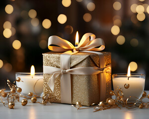 Beautiful Christmas composition with burning candles and gift box on wooden table