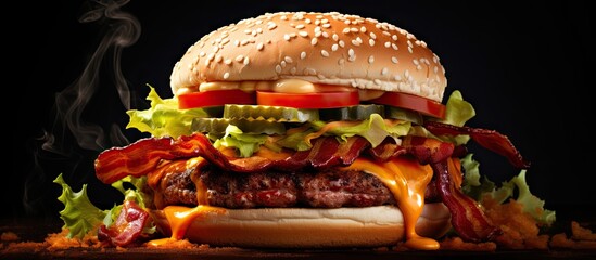 Gourmet bacon cheeseburger with lettuce and tomato. Creative Banner. Copyspace image