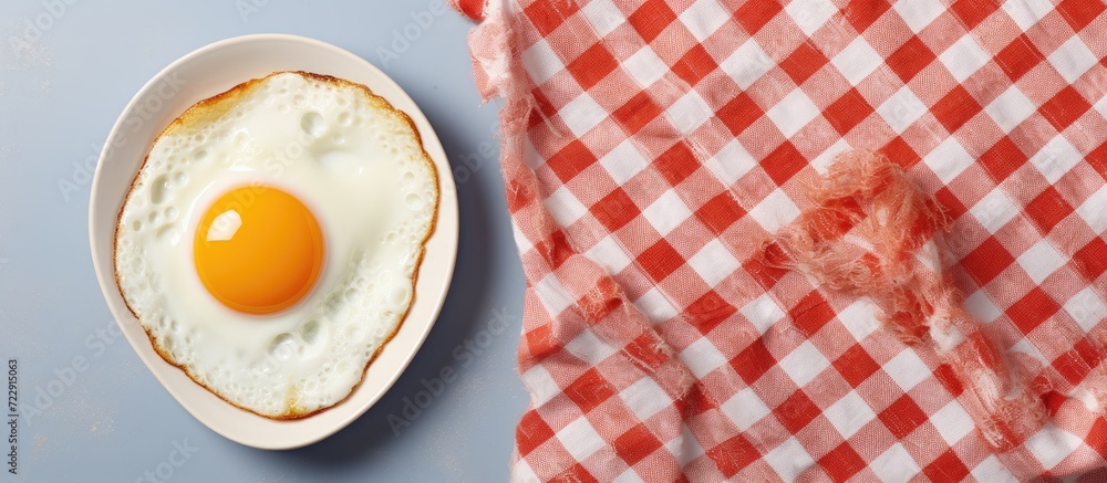 Poster fried egg in heart shape on vintage tablecloth breakfast for a loved one. creative banner. copyspace