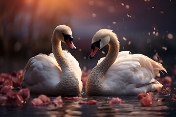 Two beautiful swans swimming in the lake at sunset. Beautiful couple of swans in love.