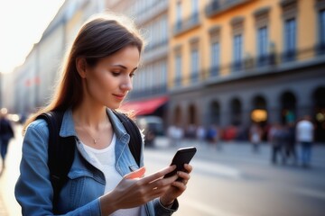 Young woman using mobile phone in the city street. Closeup portrait