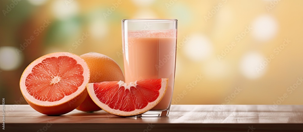 Poster frutochino grapefruit coffee in a glass with a slice of grapefruit. creative banner. copyspace image
