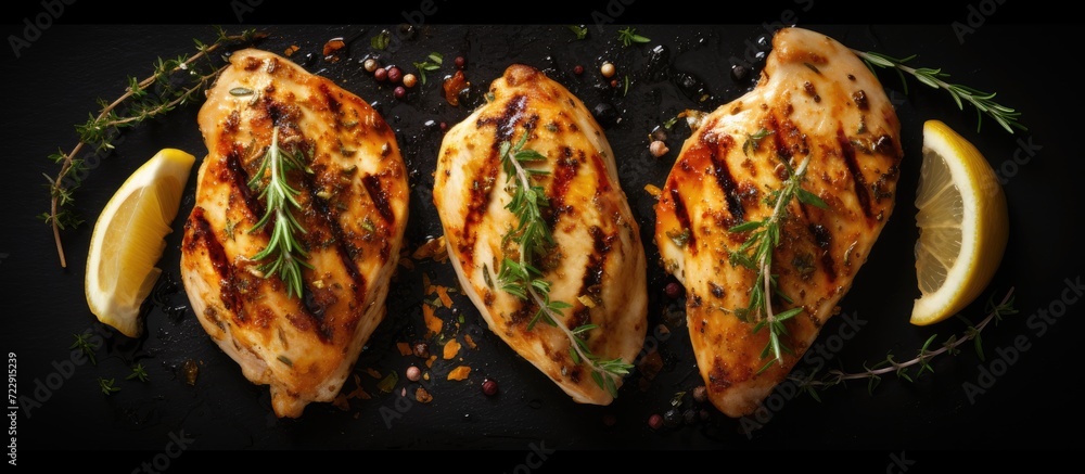 Poster grilled chicken breasts with thyme garlic and lemon slices on a grill pan close up top view. creativ