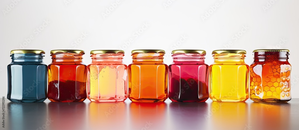 Poster hexagonal jars with different types and colors of fresh flower honey vitamin food for health and lif