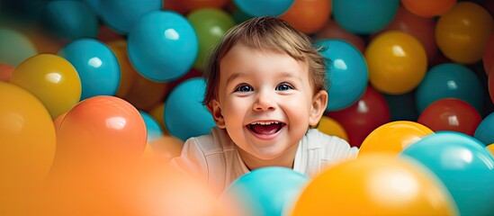 Happy laughing boy 1 2 years old having fun in ball pit on birthday party in kids amusement park and indoor play center in playground ball pool Activity toys for little kid. Creative Banner - obrazy, fototapety, plakaty