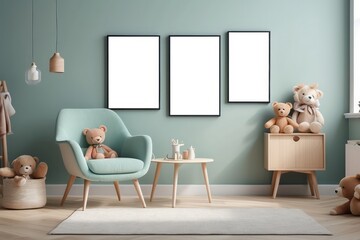scandinavian kid room interior with toys, mint armchair, furniture, decoration and child accessories, mock up poster frame