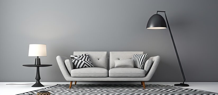 Grey living room with sofa chair standing lamp small white table and black and white pattern carpet. Creative Banner. Copyspace image