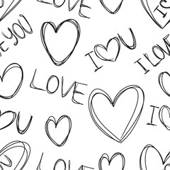 Seamless pattern with hearts and I love you hand written words in black isolated on transparent background. Hand drawn vector sketch illustration in doodle vintage engraved outline, line art style.