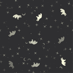 Seamless pattern with stars, raccoon symbols on black background. Night sky. Vector illustration on black background