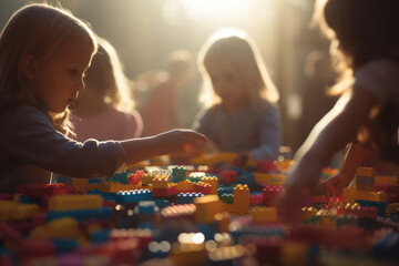 Group of children playing with toys on table, morning light. - obrazy, fototapety, plakaty