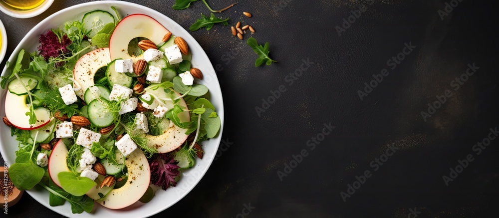 Poster Goat cheese cucumber salad with apple cider vinegar dressing Space for text top view. Creative Banner. Copyspace image