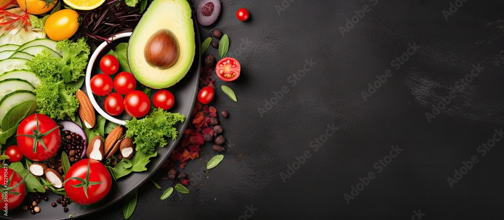 Aufkleber healthy vegetable salad of fresh tomato cucumber onion spinach lettuce and sesame on plate diet menu
