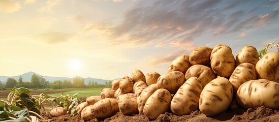 Fototapeta na wymiar fresh organic potatoes in the field harvesting potatoes from soil. Creative Banner. Copyspace image