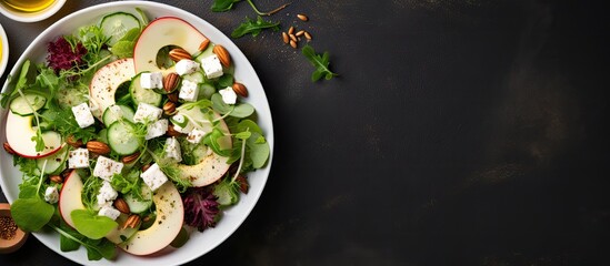 Goat cheese cucumber salad with apple cider vinegar dressing Space for text top view. Creative Banner. Copyspace image - obrazy, fototapety, plakaty