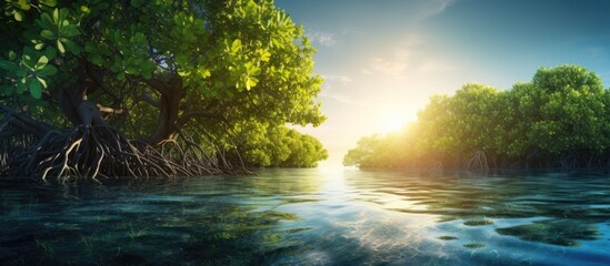 Green mangrove forest with morning sunlight Mangrove ecosystem Natural carbon sinks Mangroves capture CO2 from the atmosphere Blue carbon ecosystems Mangroves absorb carbon dioxide emissions - obrazy, fototapety, plakaty