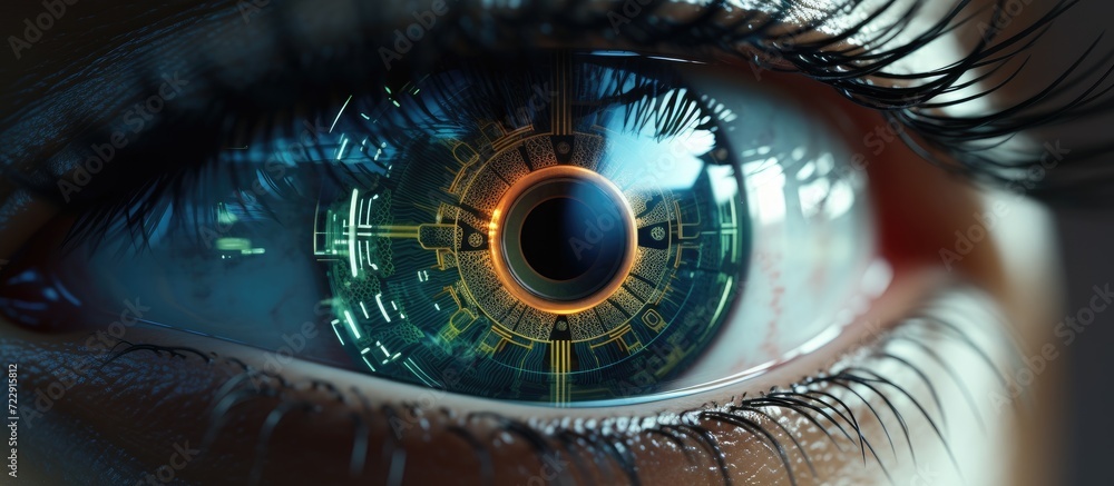Poster Human eye with cyber retinal recognition for neuro link connection smart lens eyes vision diagnostics Augmented virtual reality in metaverse AI artificial intelligence. Creative Banner