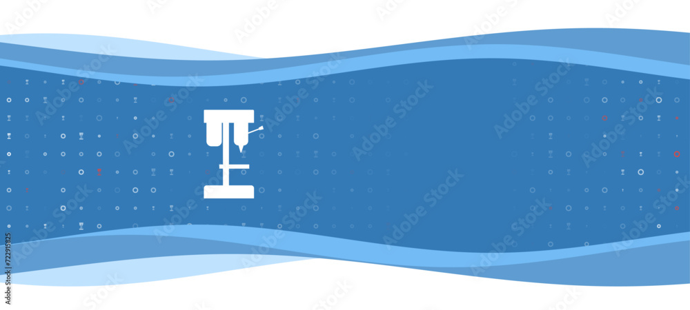 Poster blue wavy banner with a white boring mill symbol on the left. on the background there are small whit