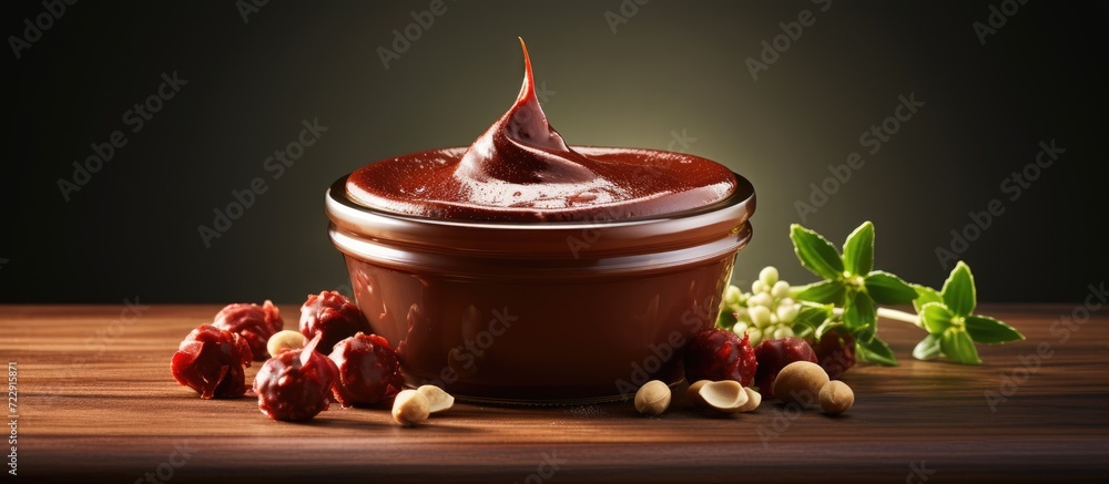 Aufkleber homemade chocolate hazelnut spread in a bowl side view. creative banner. copyspace image