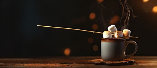 Hot chocolate with toasted marshmallow on a skewer on top on dark wood Selective Focus Focus on the front edge of the toasted marshmallow. Creative Banner. Copyspace image