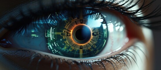 Human eye with cyber retinal recognition for neuro link connection smart lens eyes vision diagnostics Augmented virtual reality in metaverse AI artificial intelligence. Creative Banner