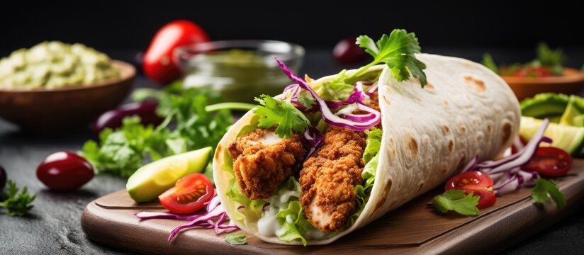 Fried chicken arugula cucumber radish red onion and wheat tortilla sauce for lunch delicious Mexican burritos or tacos Copy space. Creative Banner. Copyspace image