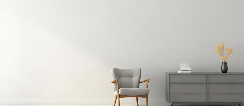 Grey chair next to white cupboard against the wall with silver painting in minimalist living room interior. Creative Banner. Copyspace image