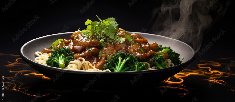 Aufkleber fried flat noodle with pork and kale in gravy sauce. creative banner. copyspace image