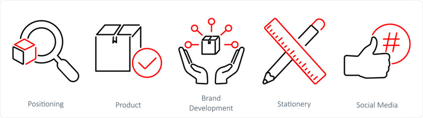 A set of 5 Branding icons as positioning, product, brand development