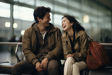 young asian couple passenger at the airport bokeh style background