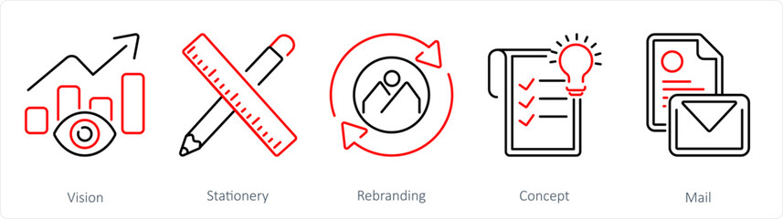 A set of 5 Branding icons as vision, stationery, rebranding