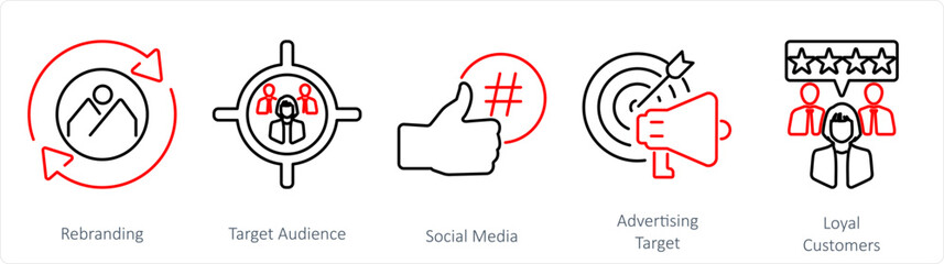A set of 5 Branding icons as rebranding, target audience, social media