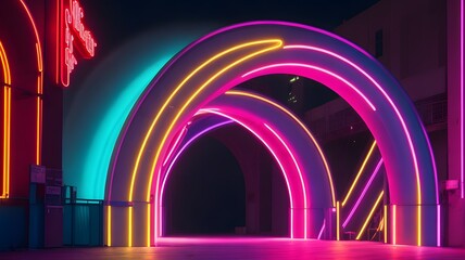  Futuristic neon arch on the street at night - obrazy, fototapety, plakaty