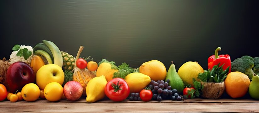 Fresh harvested yellow red and orange fruits and vegetables from market corn and orange tomato and lemon apple and pear grapefruit and carrot. Creative Banner. Copyspace image
