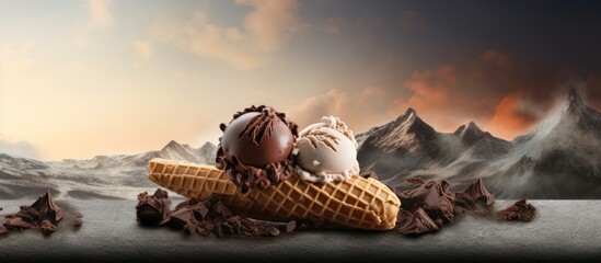 Ice cream bar coated with chocolate on a slate board. Creative Banner. Copyspace image - obrazy, fototapety, plakaty