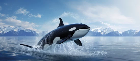 Printed roller blinds Orca Front killer whale Orcinus orca jumping out of blue water. Creative Banner. Copyspace image