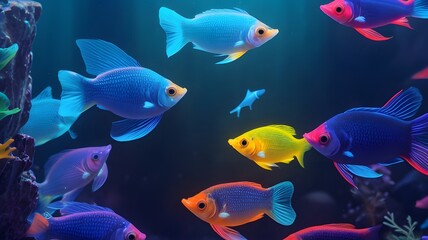 Colorful fish swimming in the aquarium. Underwater world of fish.