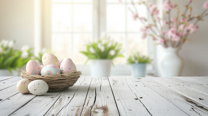 easter still life with easter eggs on the white table - obrazy, fototapety, plakaty