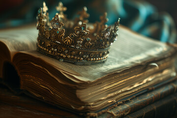 A fairy tales book filled with volumetric illustration ,kings crown, fantasy story