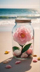 A Captivating Camellia Jar Amidst Beach Serenity AI GENERATED