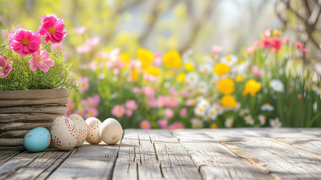 empty white wooden table with easter theme in spring garden