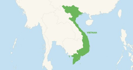 World Map Zoom In To Vietnam. Animation in 4K Video. Green Vietnam Territory On Blue and White World Map