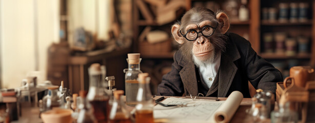 
a monkey dressed as a scientist professor in vintage style suit and glasses sits at his workshop lab desk and looks at the camera.