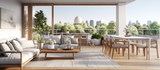High angle view of a stylish nordic living room interior with a wooden dining table gray sofa and view on terrace and backyard Real photo. Creative Banner. Copyspace image - obrazy, fototapety, plakaty