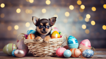  Adorable puppy with colorful Easter eggs in a basket, bokeh lights backdrop.