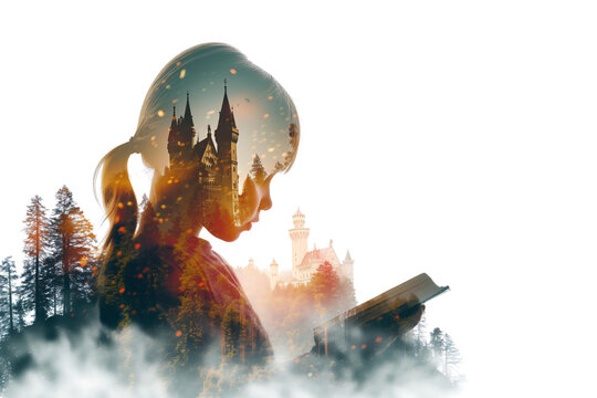 
double exposure shot of child reading book and a magic beautiful castle . white background