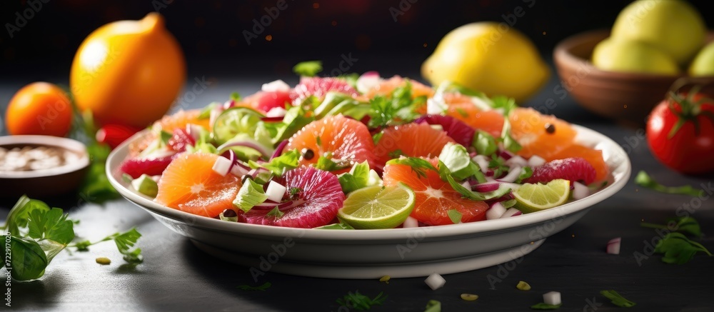 Poster Homemade Citrus Salad with Grapefruit and Oranges selective focus. Creative Banner. Copyspace image