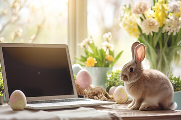 
laptop with blank screen standing on the table and here is a cute bunny sitting next to laptop . Blurred background with copy space , easter working,office,business concept