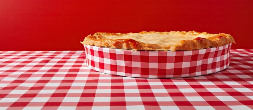 Homemade apple pie on a red and white tablecloth. Creative Banner. Copyspace image